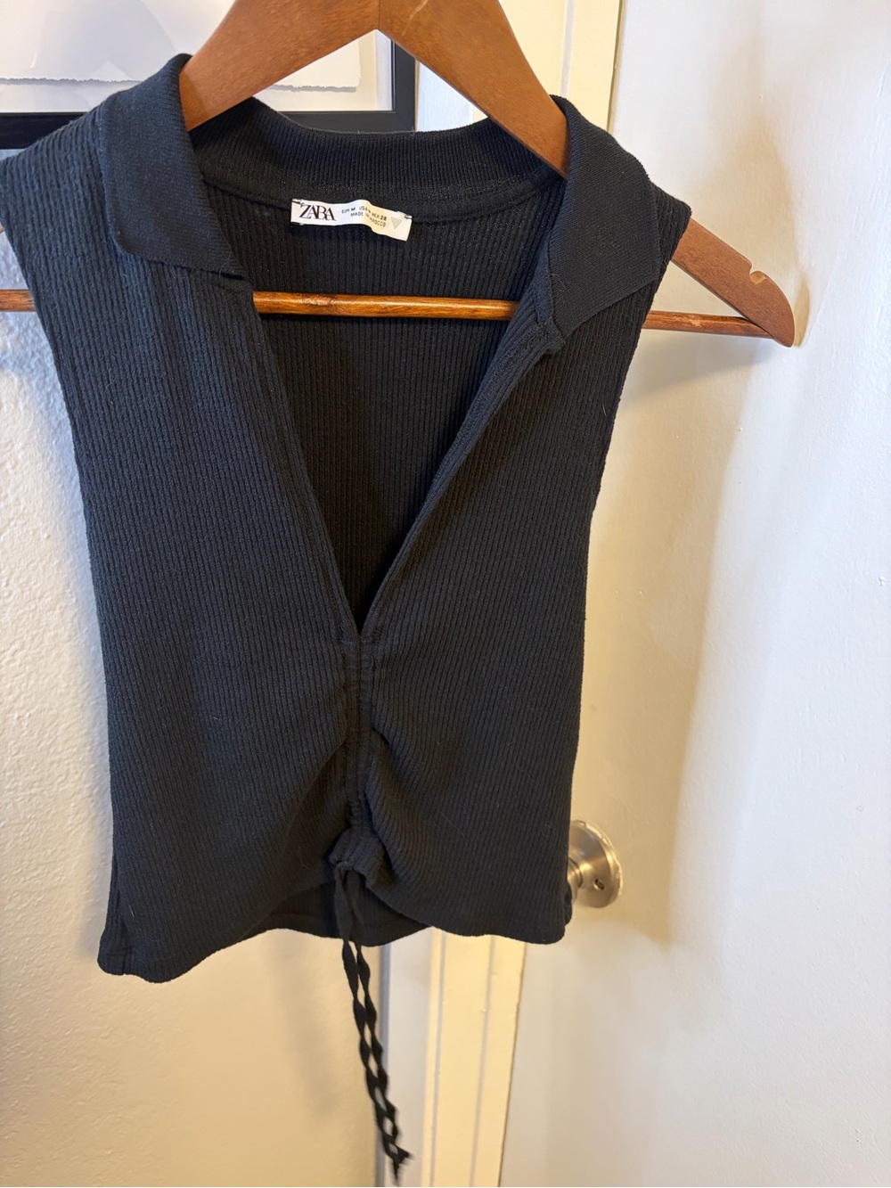 Zara Black Ribbed Collared Ruched Drawstring Tank Top Size M - Picture 9 of 11
